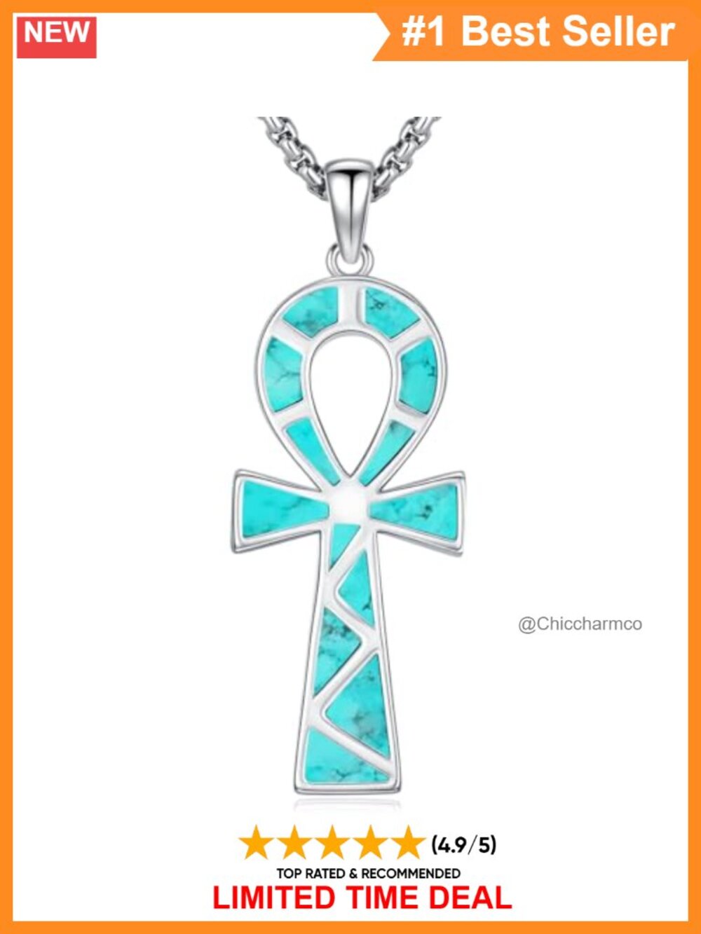 Sterling Silver Turquoise Ankh Pendant Necklace Unisex Western Jewelry
